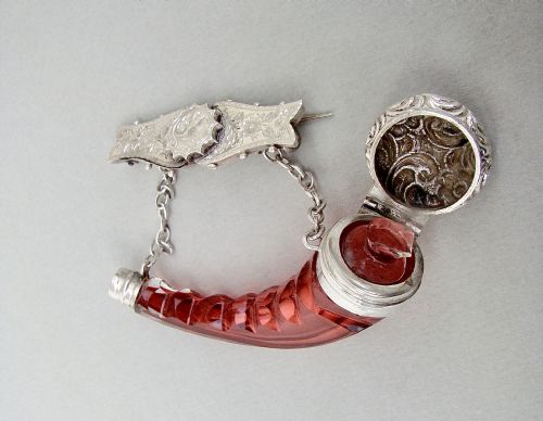 fig 2. RARE VICTORIAN SILVER CORNUCOPIA CRANBERRY CUT GLASS SCENT BOTTLE, BIRMINGHAM 1887