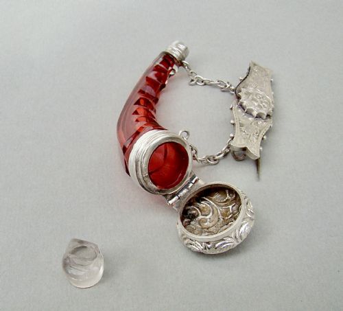 fig 3. RARE VICTORIAN SILVER CORNUCOPIA CRANBERRY CUT GLASS SCENT BOTTLE, BIRMINGHAM 1887
