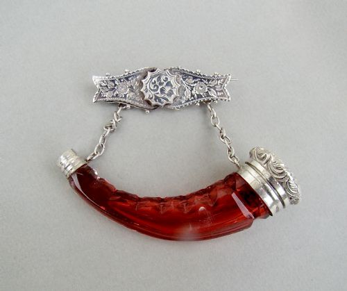 fig 1. RARE VICTORIAN SILVER CORNUCOPIA CRANBERRY CUT GLASS SCENT BOTTLE, BIRMINGHAM 1887