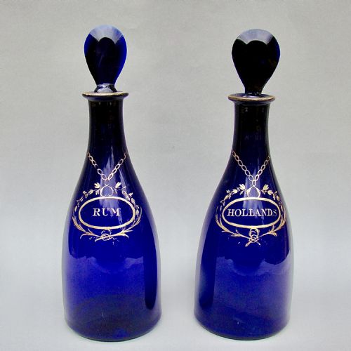 Stunning Pair of Georgian Bristol Blue Glass Decanters, Circa 1795