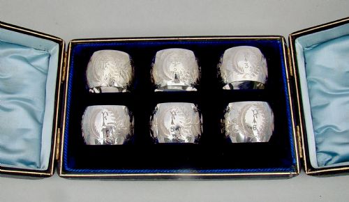 Exquisite Cased Set of Six Victorian Silver Plated Numbered and Initialled Napkin Rings, Circa 1890