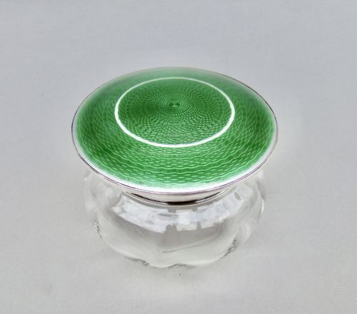 Exquisite Art Deco Silver & Dual Colour Guilloche Enamel Dressing Table Jar by Deakin & Francis, Birmingham 1923