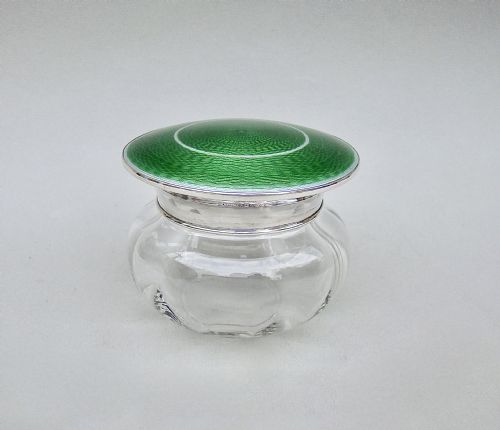 fig 1. EXQUISITE ART DECO SILVER & DUAL COLOUR GUILLOCHE ENAMEL DRESSING TABLE JAR BY DEAKIN & FRANCIS, BIRMINGHAM 1923