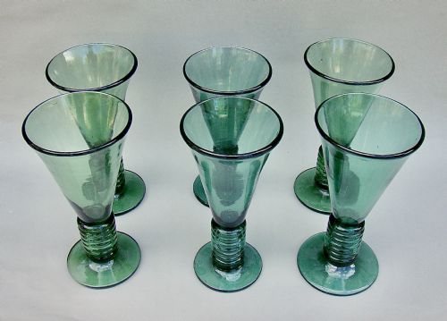 Unusual Set of Six 19th Century Coil Stemmed Green  Glasses, Circa 1890
