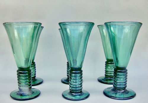 fig 1. UNUSUAL SET OF SIX 19TH CENTURY COIL STEMMED GREEN GLASSES, CIRCA 1890