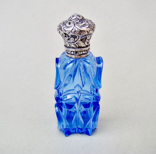 Unusual Victorian Silver & Ice Blue Glass Scent Bottle , Circa 1880