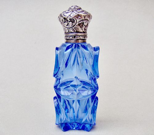 fig 1. UNUSUAL VICTORIAN SILVER & ICE BLUE GLASS SCENT BOTTLE , CIRCA 1880
