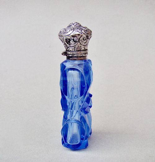 fig 3. UNUSUAL VICTORIAN SILVER & ICE BLUE GLASS SCENT BOTTLE , CIRCA 1880