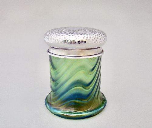 Rare Art Nouveau Silver Mounted Iridescent Loetz Glass Vanity Jar by A&j Zimmerman, Birmingham 1907