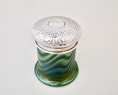 fig 1. RARE ART NOUVEAU SILVER MOUNTED IRIDESCENT LOETZ GLASS VANITY JAR BY A&J ZIMMERMAN, BIRMINGHAM 1907