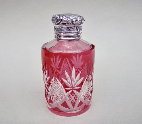 Fabulous Victorian Silver and Bohemian Overlay Cranberry Glass Scent Bottle by the Mousley Brothers, Birmingham 1898