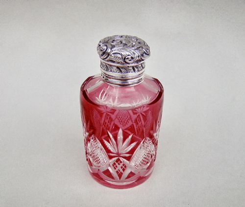 fig 1. FABULOUS VICTORIAN SILVER AND BOHEMIAN OVERLAY CRANBERRY GLASS SCENT BOTTLE BY THE MOUSLEY BROTHERS, BIRMINGHAM 1898