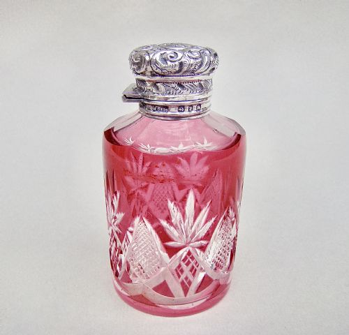 fig 2. FABULOUS VICTORIAN SILVER AND BOHEMIAN OVERLAY CRANBERRY GLASS SCENT BOTTLE BY THE MOUSLEY BROTHERS, BIRMINGHAM 1898