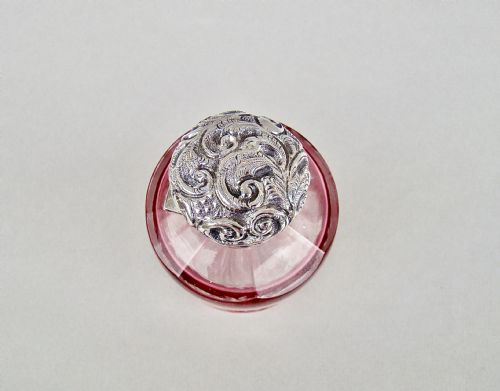 fig 3. FABULOUS VICTORIAN SILVER AND BOHEMIAN OVERLAY CRANBERRY GLASS SCENT BOTTLE BY THE MOUSLEY BROTHERS, BIRMINGHAM 1898
