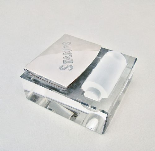 fig 1. RARE ART DECO SILVER DOUBLE STAMP BOX WITH GLASS MOISTENER, LONDON 1924