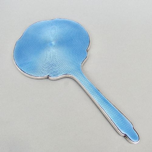 Fabulous Art Deco Silver and  Guilloche Enamel Hand Mirror,  Birmingham 1931