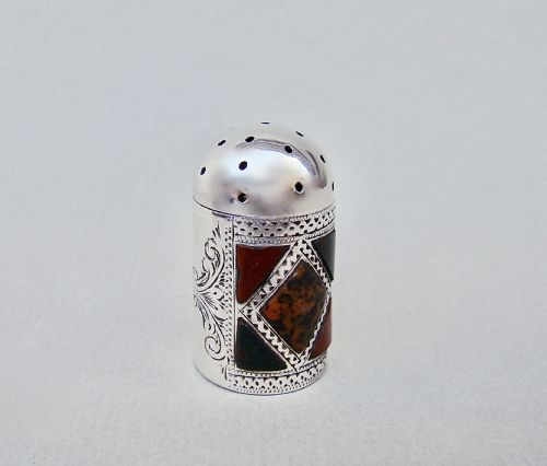 Edwardian Silver Miniature Sifter, Inlaid with Scottish Agate, Retailed by Aspreys, Birmingham 1902