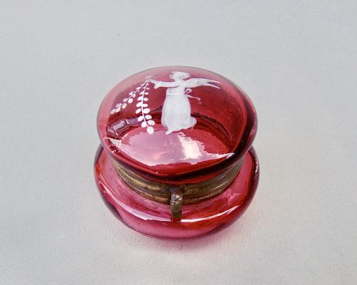 Rare 19th French "Mary Gregory" Cranberry Glass Trinket Box, Circa 1890