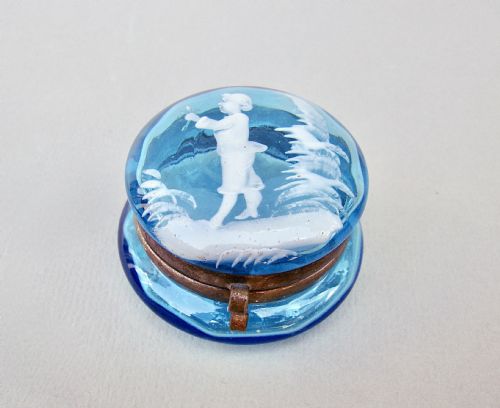 Rare 19th Century French  "Mary Gregory" Turquoise Glass Trinket Box, Circa 1890
