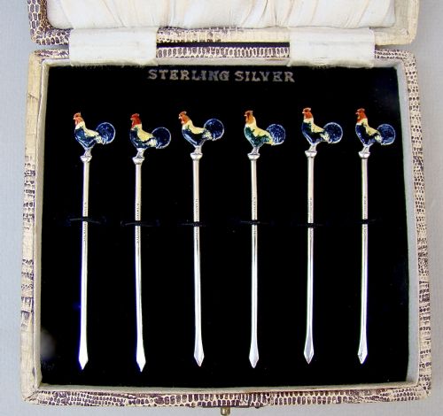 Mid-century Cased Set of Six Sterling Silver Enamelled Cockerel Cocktail Sticks, Circa 1950