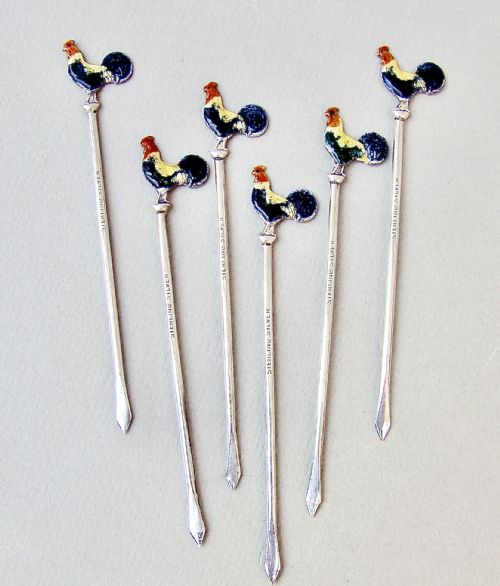 fig 2. MID-CENTURY CASED SET OF SIX STERLING SILVER ENAMELLED COCKEREL COCKTAIL STICKS, CIRCA 1950