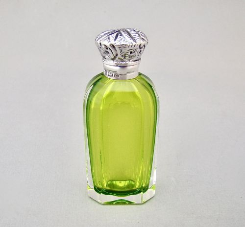 Exquisite Victorian Silver & Lime Green Sliced-cut Glass Scent Bottle by Charles May, Birmingham 1900