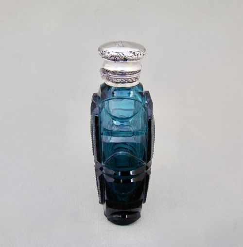 fig 1. FABULOUS EARLY VICTORIAN SILVER MOUNTED SLICED-CUT TEAL GLASS SCENT BOTTLE, DATED 1848