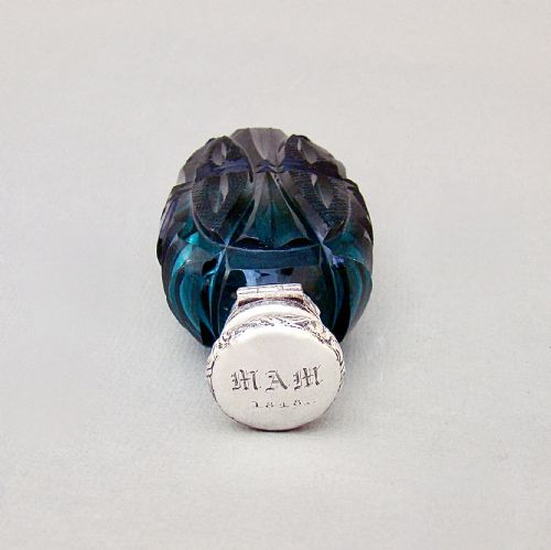 fig 2. FABULOUS EARLY VICTORIAN SILVER MOUNTED SLICED-CUT TEAL GLASS SCENT BOTTLE, DATED 1848