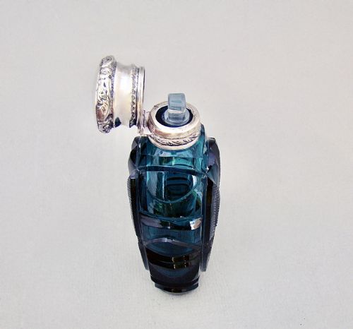 fig 3. FABULOUS EARLY VICTORIAN SILVER MOUNTED SLICED-CUT TEAL GLASS SCENT BOTTLE, DATED 1848