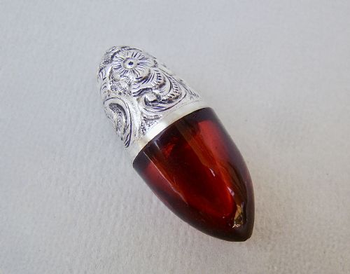 Rare Victorian Silver and Cranberry Glass Bullet Shaped Scent Bottle, Circa 1890
