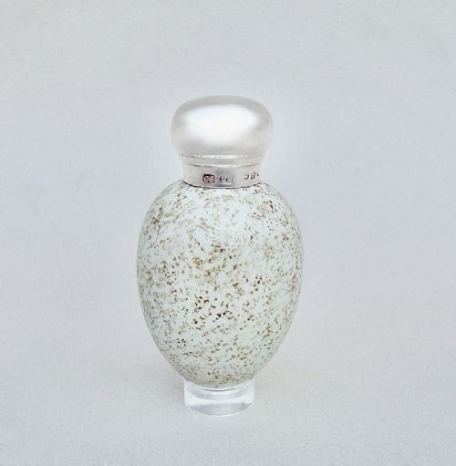 fig 1. RARE VICTORIAN SILVER MACINTYRE SPECKLED EGG SCENT BOTTLE BY SAUNDERS & SHEPHERD, BIRMINGHAM 1886