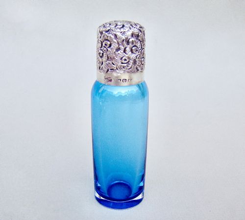 Exquisite Victorian Silver and Turquoise Glass Scent Bottle by Charles May, Birmingham 1886