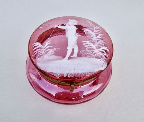 Victorian "Mary Gregory" Large Cranberry Glass Trinket Box, Circa 1890