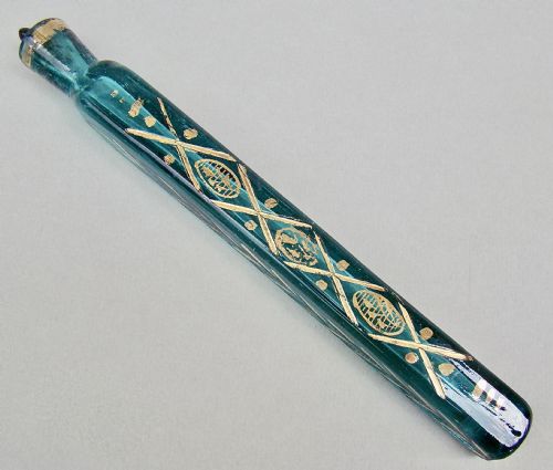 Rare Oxford Lavender "Attar" Gilt Turquoise Glass Scent Bottle, Circa 1850