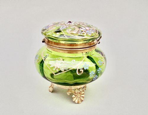 fig 1. EXQUISITE 19TH C. FRENCH ORMULU MOUNTED ENAMELLED GLASS DRESSING TABLE JAR , CIRCA 1890