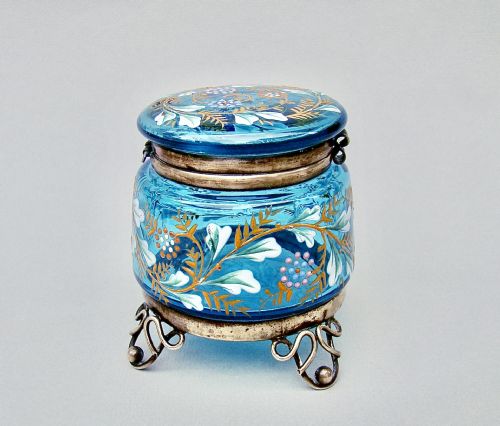 fig 2. CHARMING 19TH CENTURY FRENCH ENAMELLED TURQUOISE GLASS DRESSING TABLE JAR , CIRCA 1890