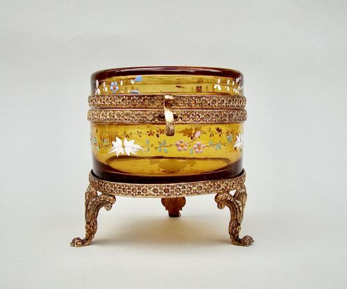 fig 1. 19TH C. FRENCH ORMULU & ENAMELLED AMBER GLASS DRESSING TABLE JAR , CIRCA 1890