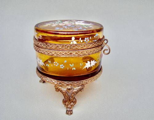 19th C. French Ormulu & Enamelled Amber Glass Dressing Table Jar , Circa 1890