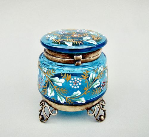 Charming 19th Century French Enamelled Turquoise Glass Dressing Table Jar , Circa 1890