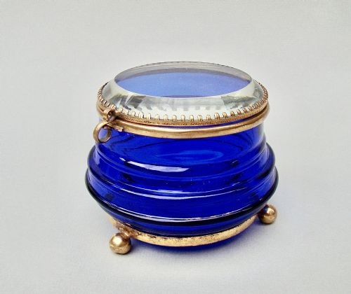 Unusual 19th C. French Ormulu & Bristol Blue Glass Trinket Box, Circa 1890