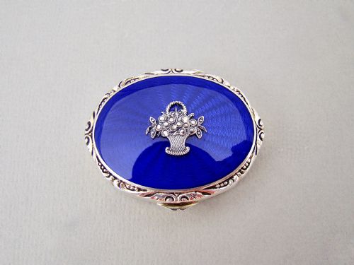 fig 1. FABULOUS SILVER & GUILLOCHE ENAMEL PILL BOX WITH MARCASITE DECORATIONS, LONDON IMPORT MARKS 1927