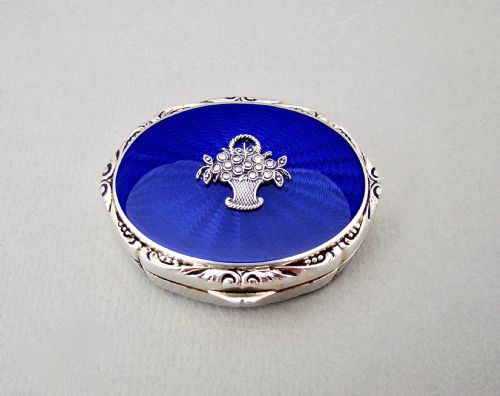 Fabulous Silver & Guilloche Enamel Pill Box with Marcasite Decorations, London Import Marks 1927