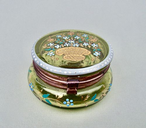 Delightful 19th Century French Green Glass Enamelled Trinket Box, Circa 1890