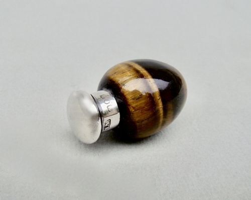 fig 2. RARE SAMPSON MORDAN SILVER MOUNTED TIGER'S EYE EGG SCENT BOTTLE, LONDON 1886