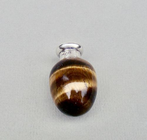fig 3. RARE SAMPSON MORDAN SILVER MOUNTED TIGER'S EYE EGG SCENT BOTTLE, LONDON 1886
