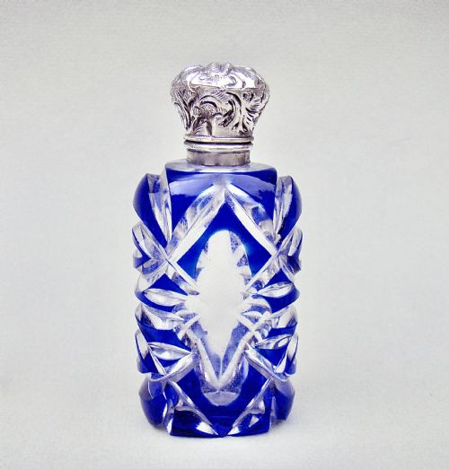 Victorian Silver and Bristol Blue Overlay Bohemian Glass Scent Bottle , Circa 1890