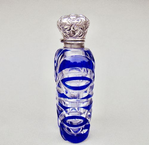 fig 1. VICTORIAN SILVER AND BRISTOL BLUE OVERLAY BOHEMIAN GLASS SCENT BOTTLE , CIRCA 1890