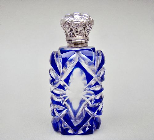 fig 2. VICTORIAN SILVER AND BRISTOL BLUE OVERLAY BOHEMIAN GLASS SCENT BOTTLE , CIRCA 1890