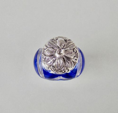 fig 3. VICTORIAN SILVER AND BRISTOL BLUE OVERLAY BOHEMIAN GLASS SCENT BOTTLE , CIRCA 1890