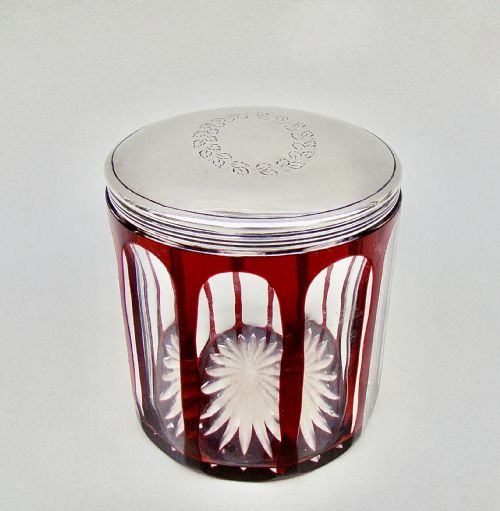 fig 1. RARE GEORGIAN SILVER MOUNTED OVERLAY RUBY GLASS DRESSING TABLE JAR BY JOHN DOUGLAS, LONDON 1811